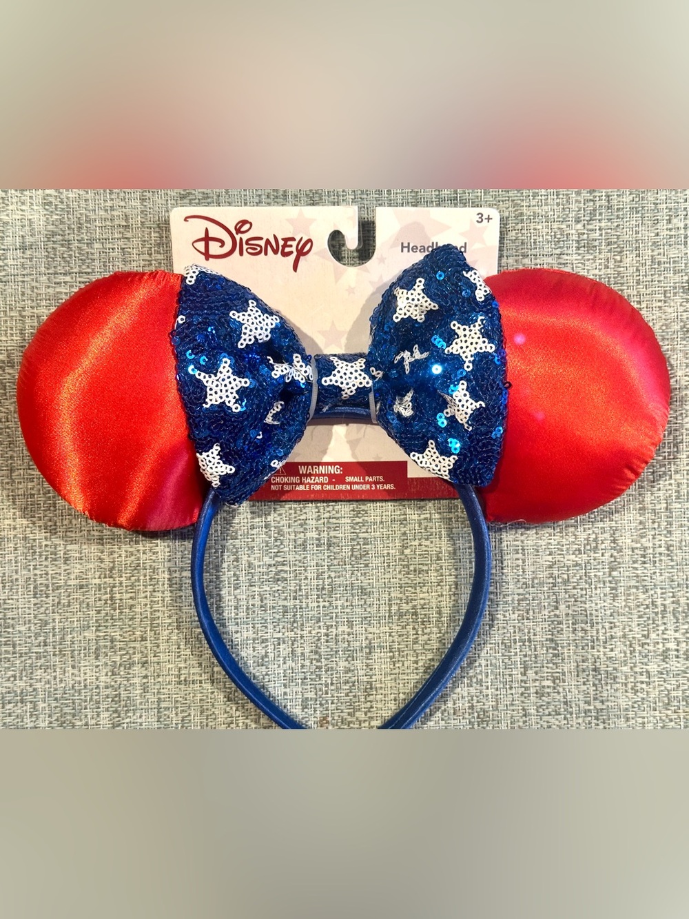 Disney Minnie Mouse Red, White, Blue Sequins Stars Patriotic Headband Ears - NEW
